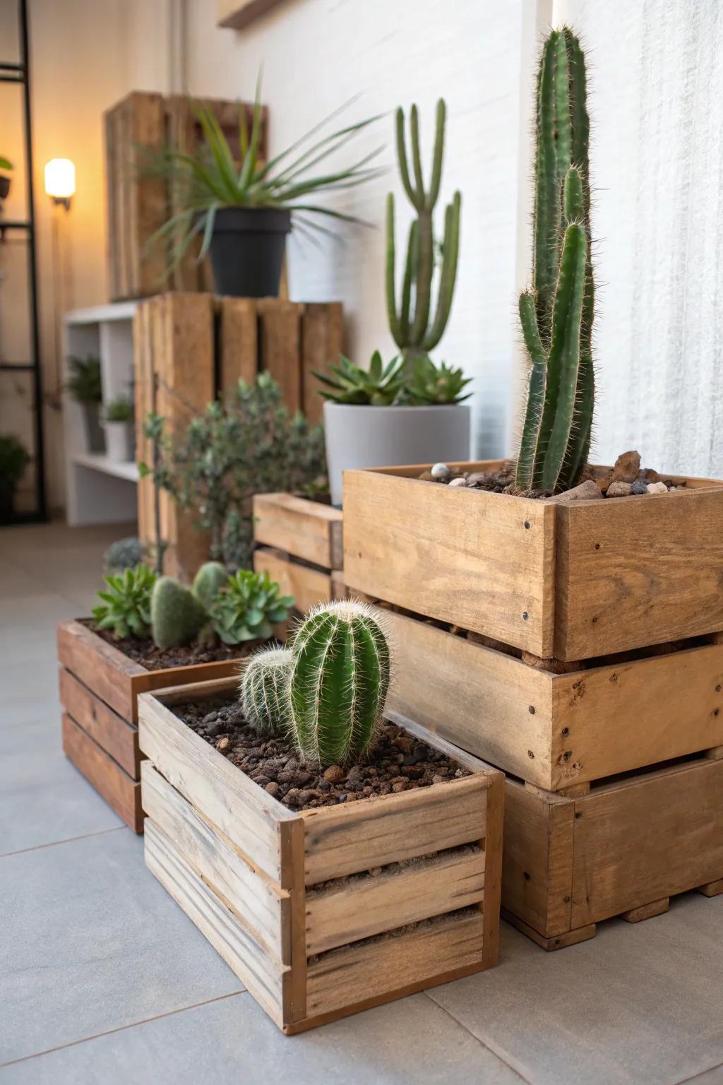 Reused wood boxes contribute a countryside charm to your cactus garden.
