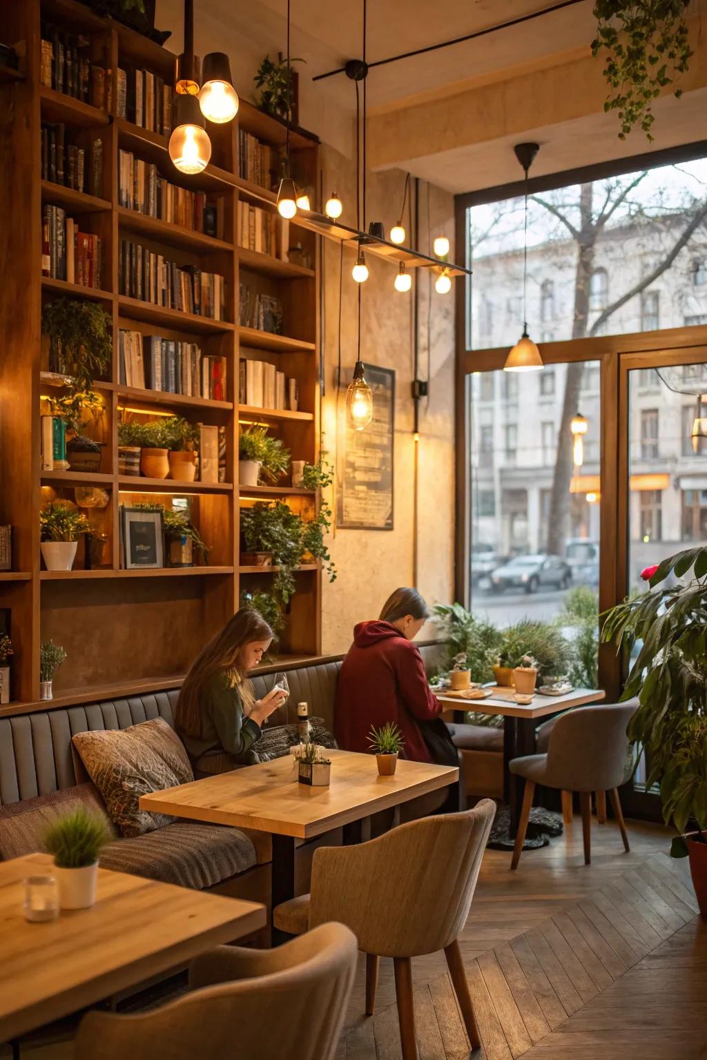 A café space shining with the welcoming warmth of cozy shade lighting.