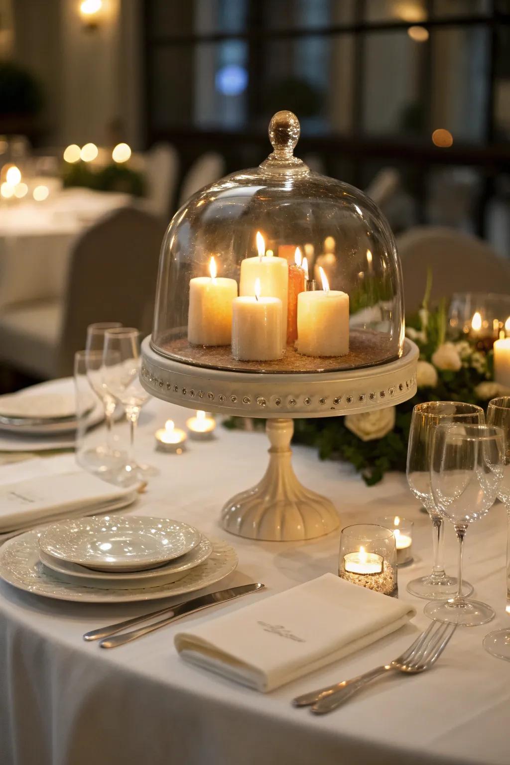 Produce a romantic dining experience using a candle-lit dome centerpiece.