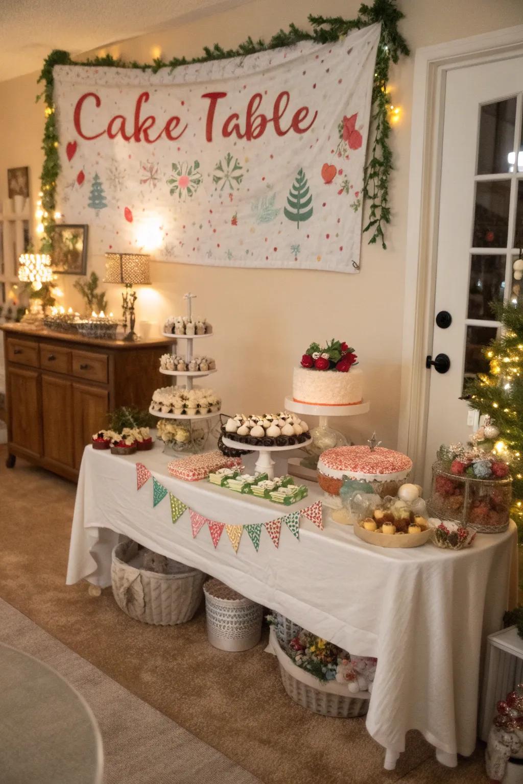 A cake table with a personalized backdrop, adding a special touch to the display.