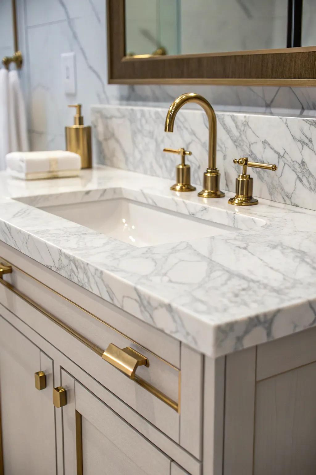 A stunning bathroom vanity with a Carrara Essence marble backsplash.