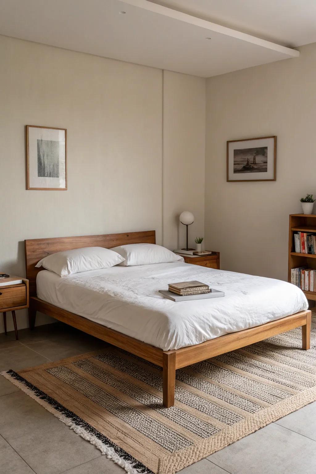 A minimalist bedroom showcasing simple furniture and uncluttered surfaces.
