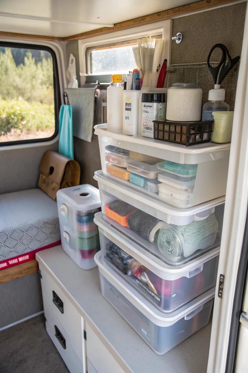 Small containers keeping small bathroom items organized.