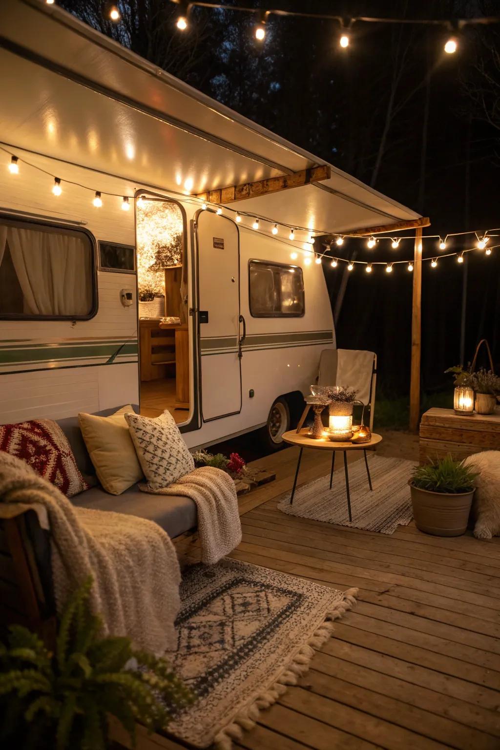 Light strands create a magical atmosphere on the porch.