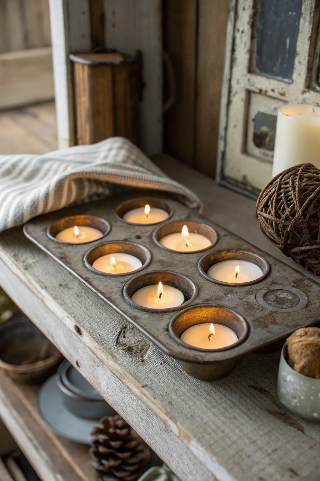 A vintage muffin tin makes for a charming candle display.