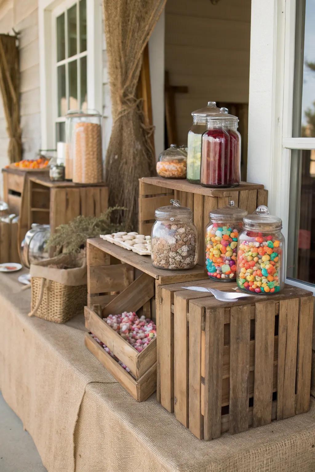 A rustic candy bar delivering comfort and simplicity to your celebration.