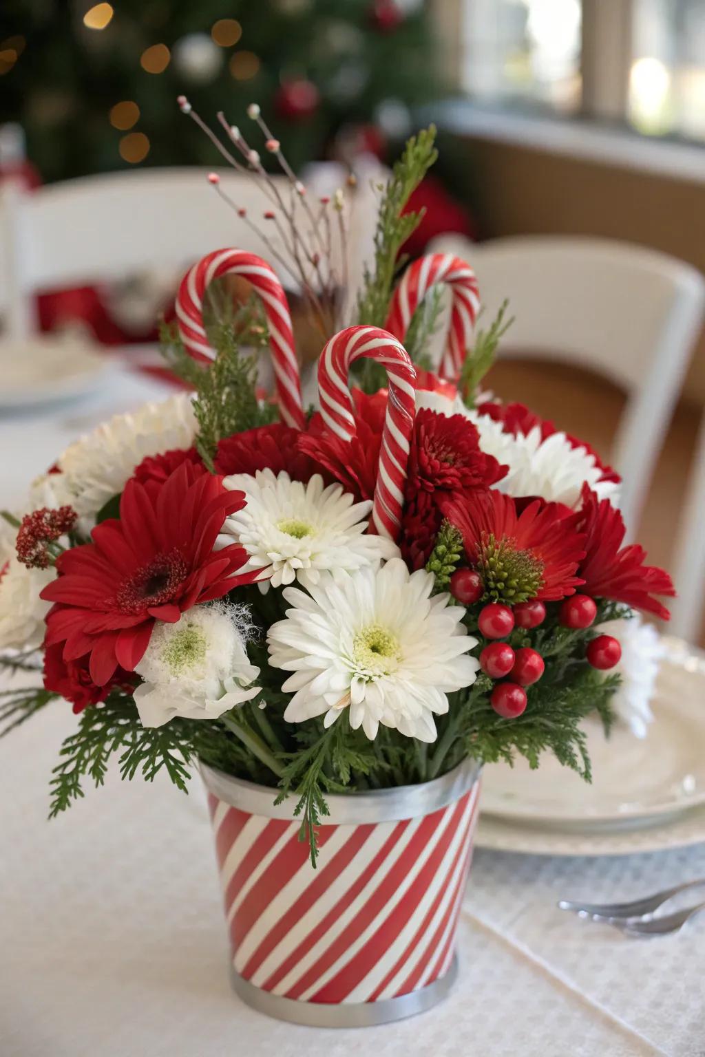 Design eye-catching centerpieces with peppermint sticks and florals.