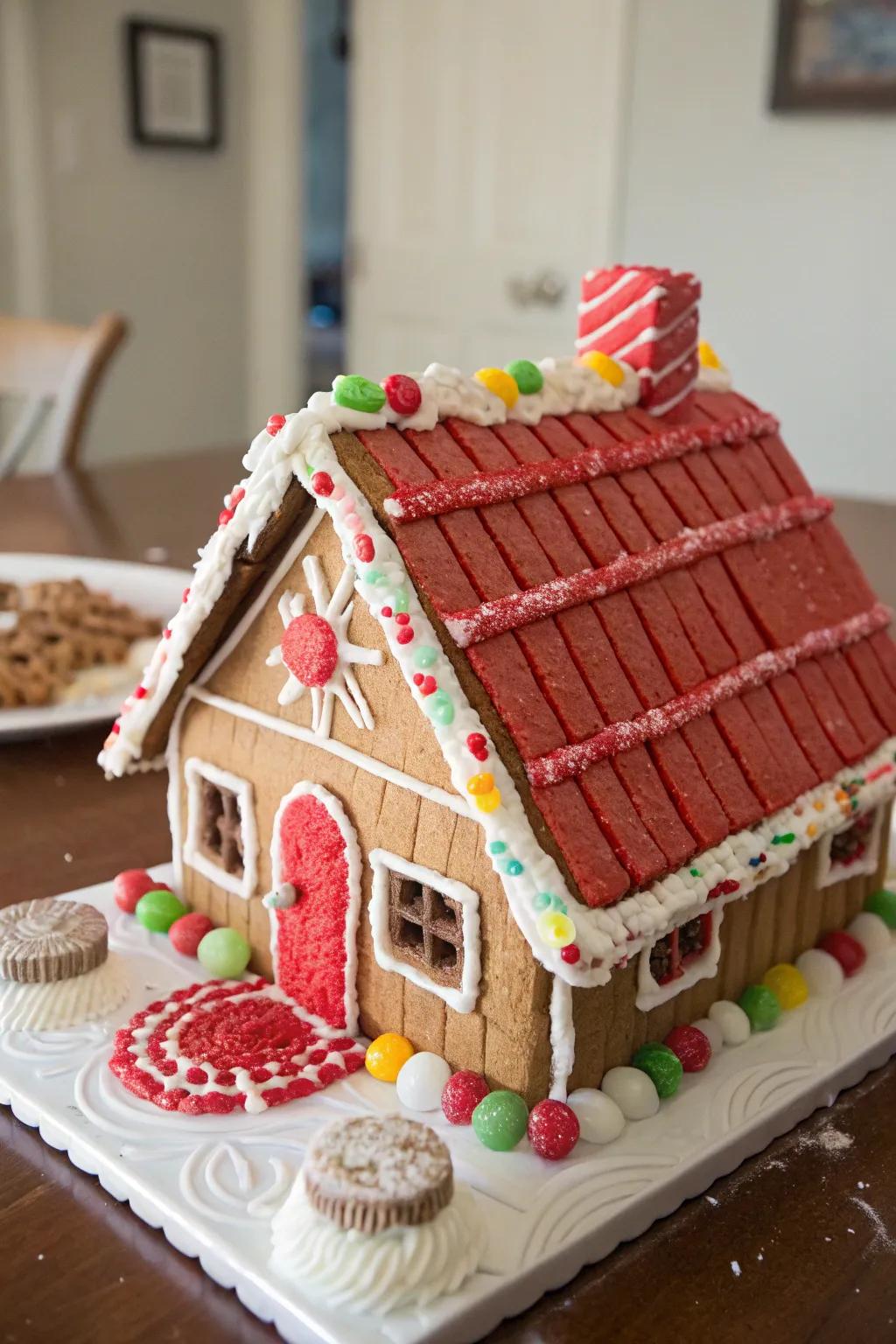 Sweet ropes artistically arranged as roof tiles on a gingerbread house.