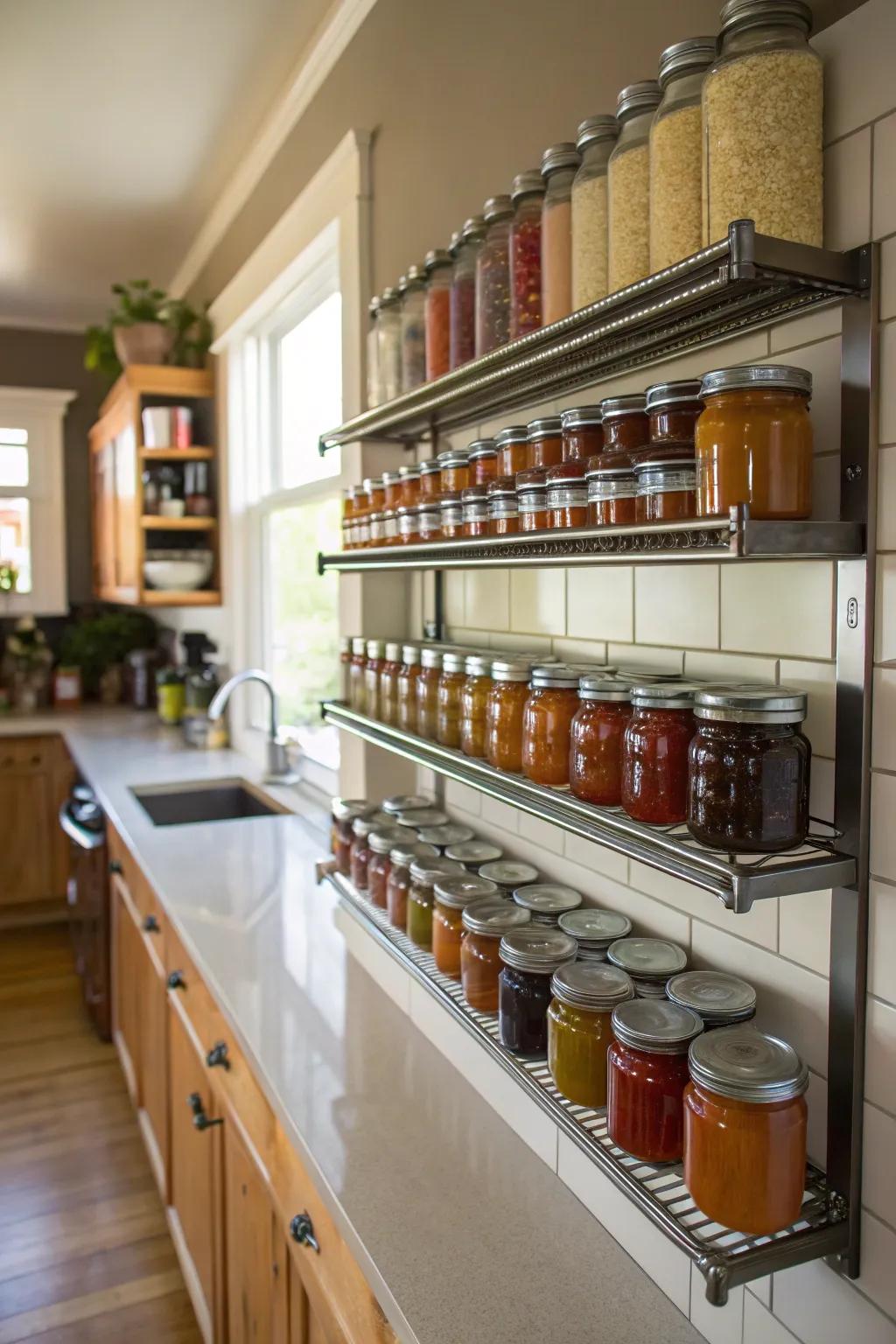 Conserve area utilizing shelves affixed to the wall for your canning jars.