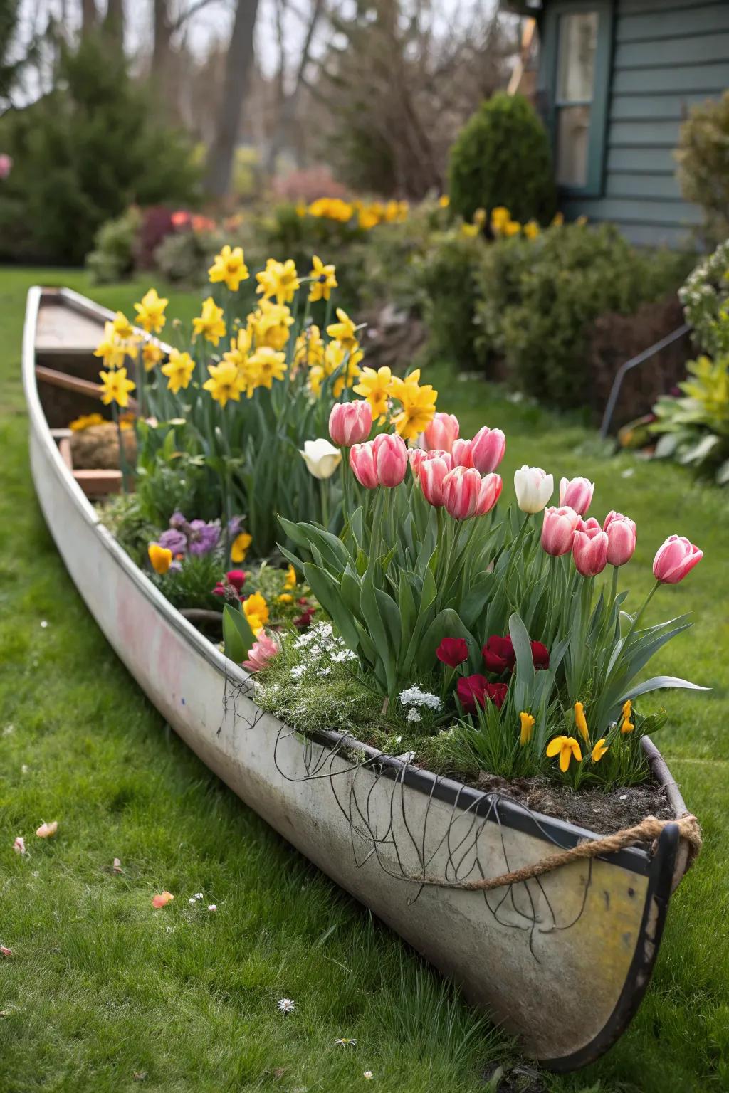 Celebrate each season with a canoe planter blooming with seasonal flora.