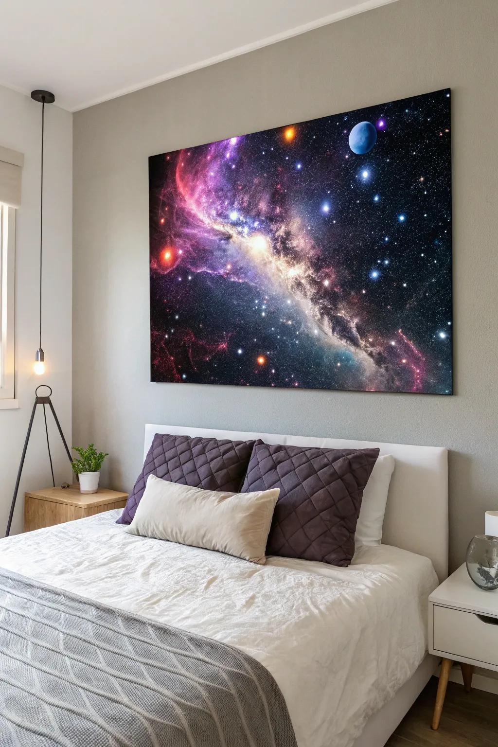 Celestial-inspired canvas art in a serene personal space