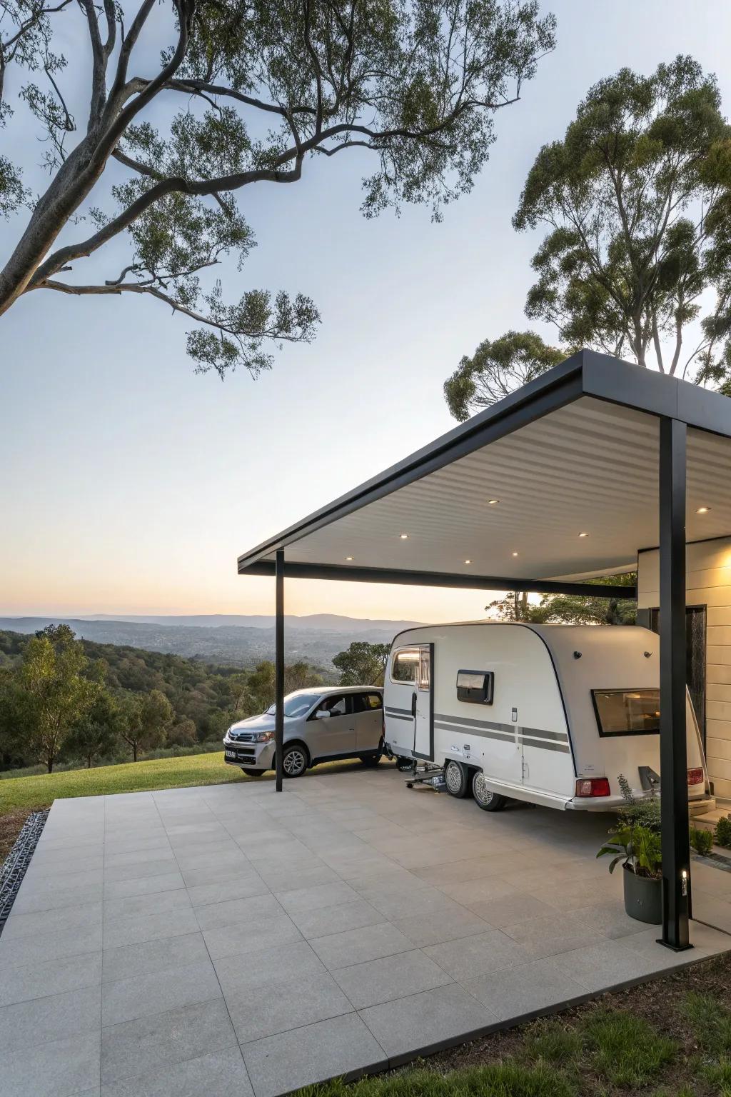 Cantilevered carports merge elegance with practicality.
