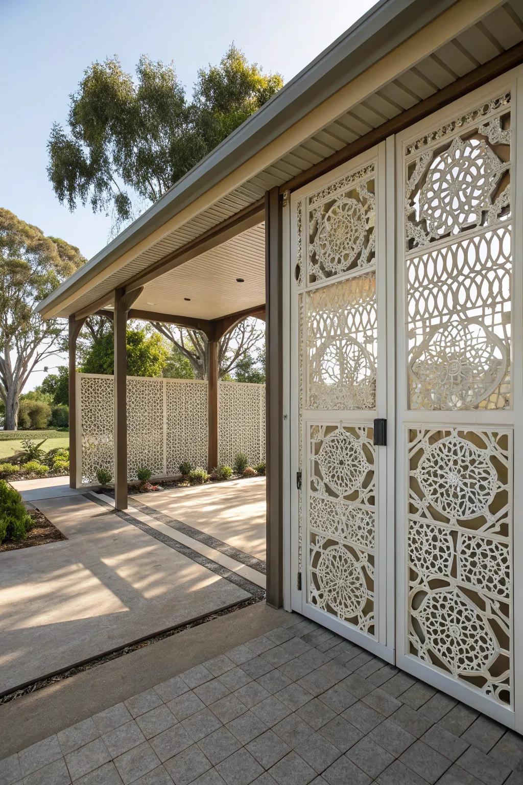 Carport showcasing ornamental latticework panels as entryways, injecting an artistic aspect into the overall design.