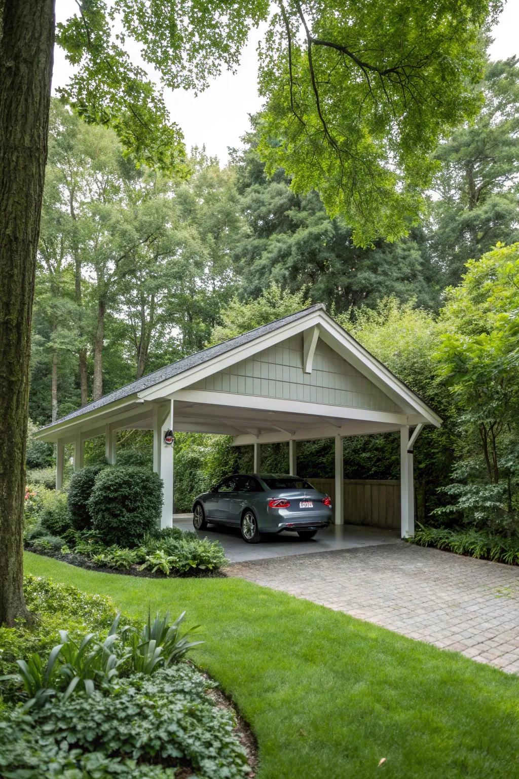 A carport featuring a sloping roof, offering a blend of style and practical design.