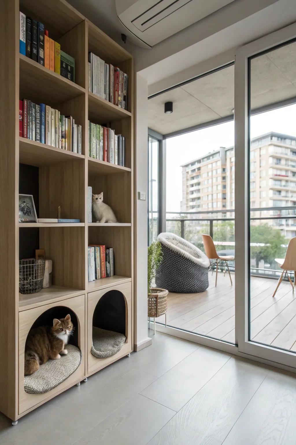 A bookcase that also serves as a cat playground.