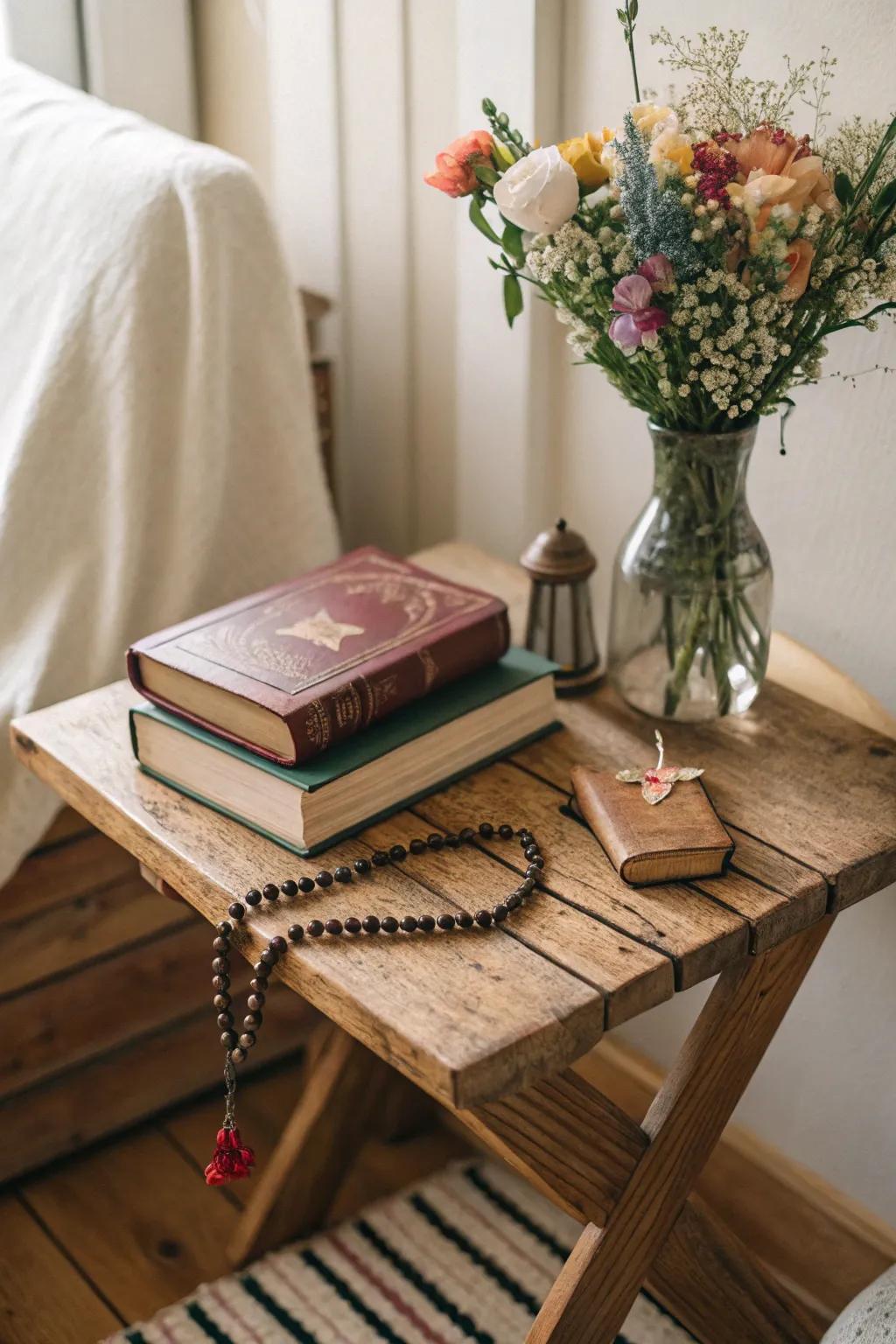 A devotional table arranges and elevates your sacred items.