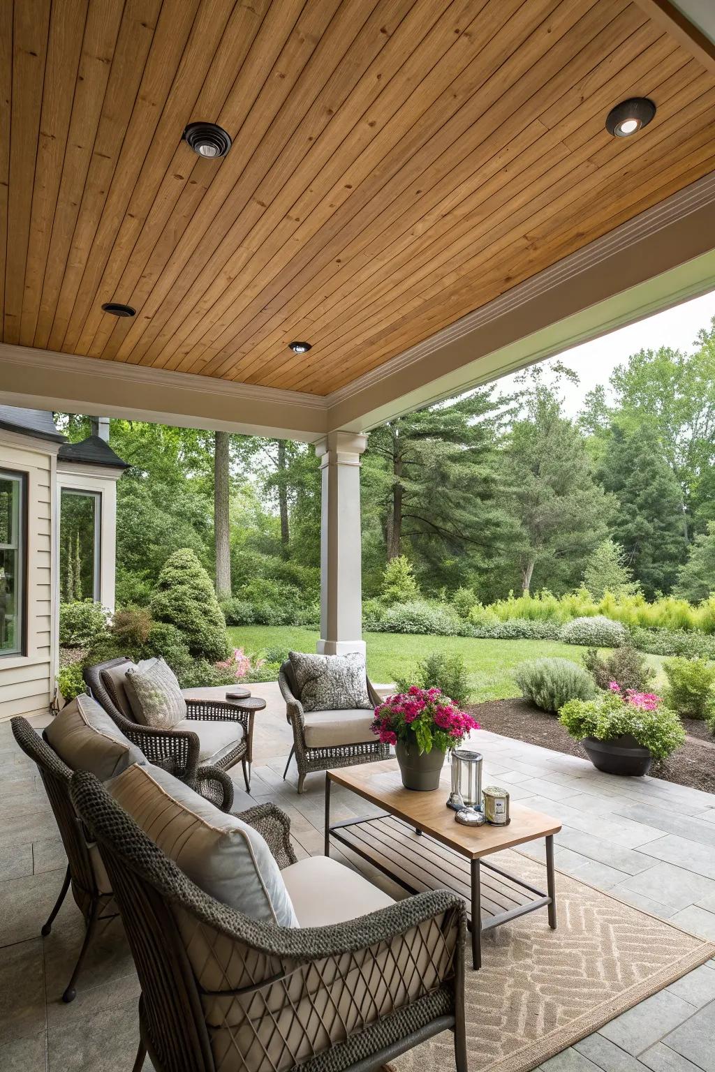 An outdoor porch with a wooden plank ceiling, ideal for relaxation.