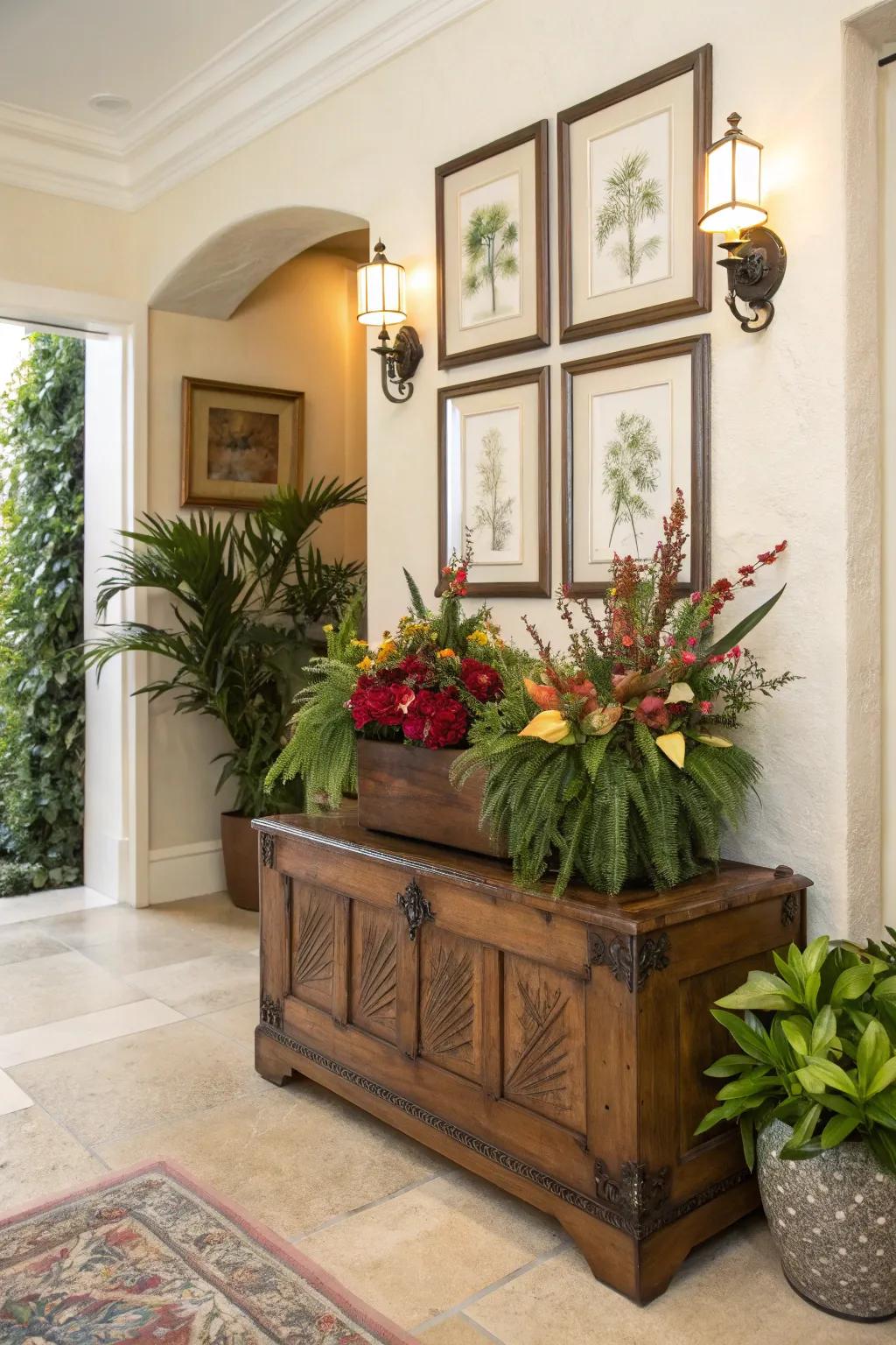 A storage trunk in the doorway makes a stylish and functional statement.