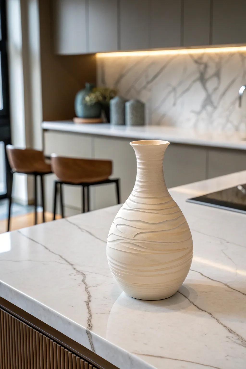 A sleek ceramic vase complements a minimalist décor scheme.