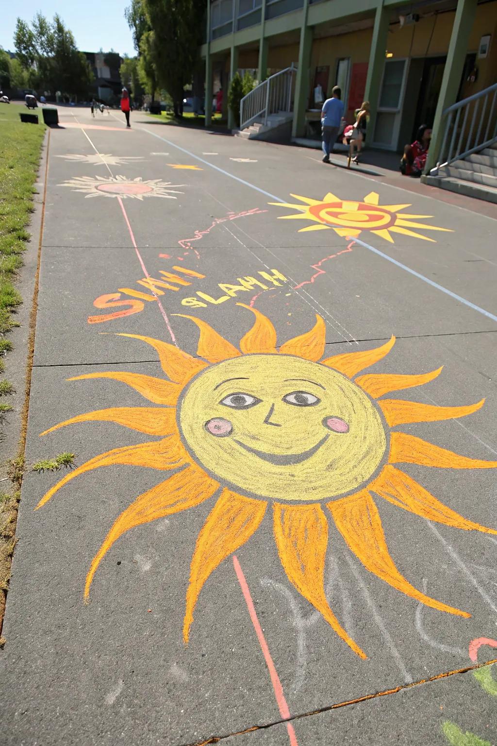 A joyful sun chalk drawing exuding warmth and positivity.