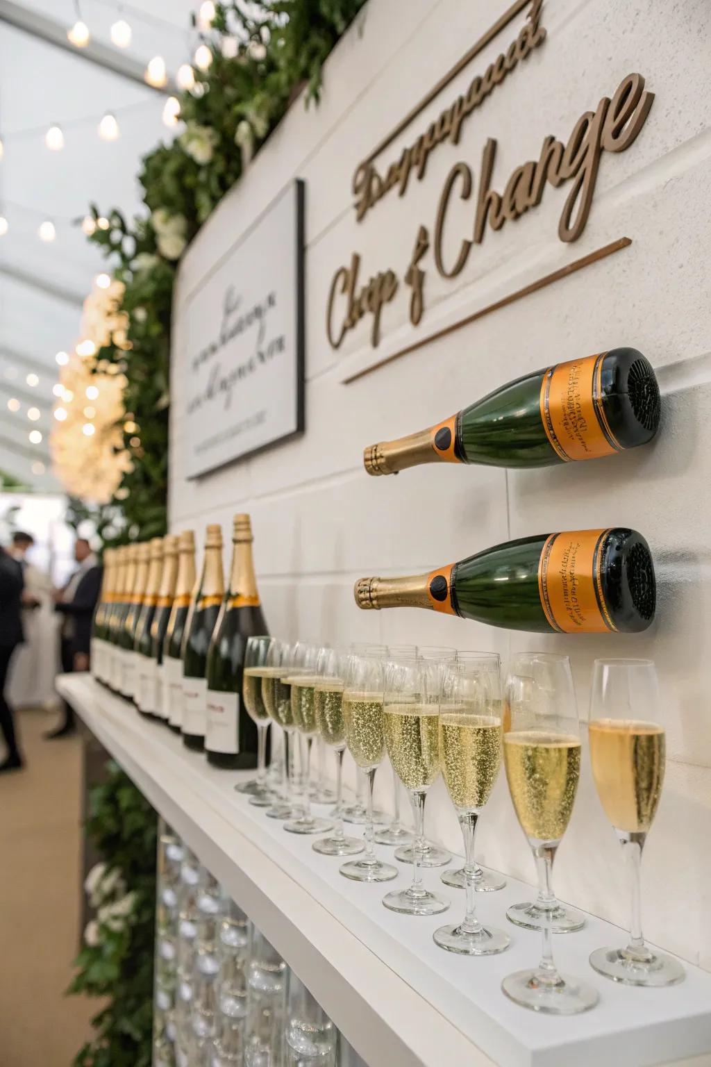 Personalized signage adds a unique touch to this sparkling wine showcase.