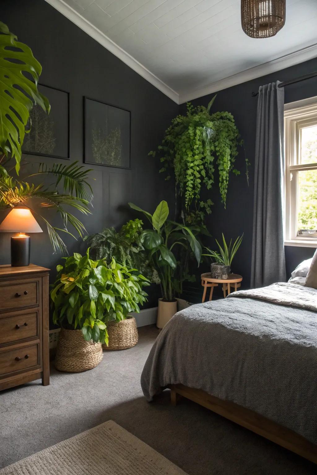 Foliage offers a fresh contrast to deep gray interiors.