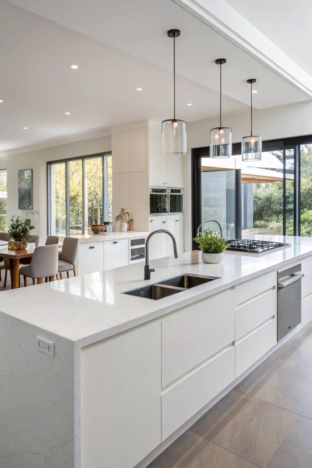 A refined kitchen showcases sleek solid surface countertops.