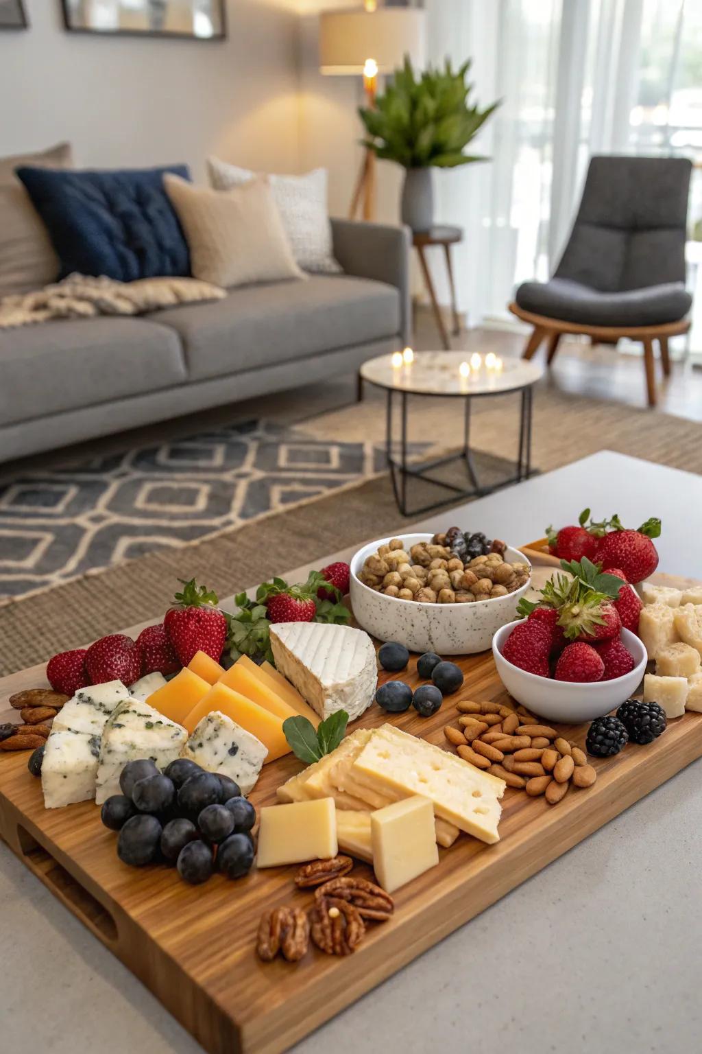An artistically arranged cheese board.