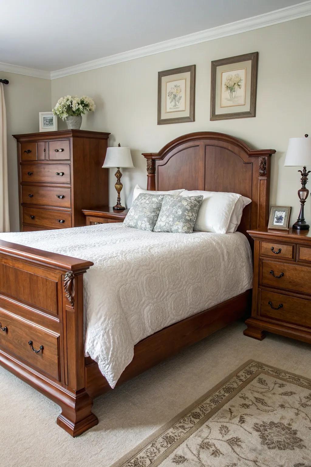 Classic cherry wood furniture pieces as a focal point in a bedroom.
