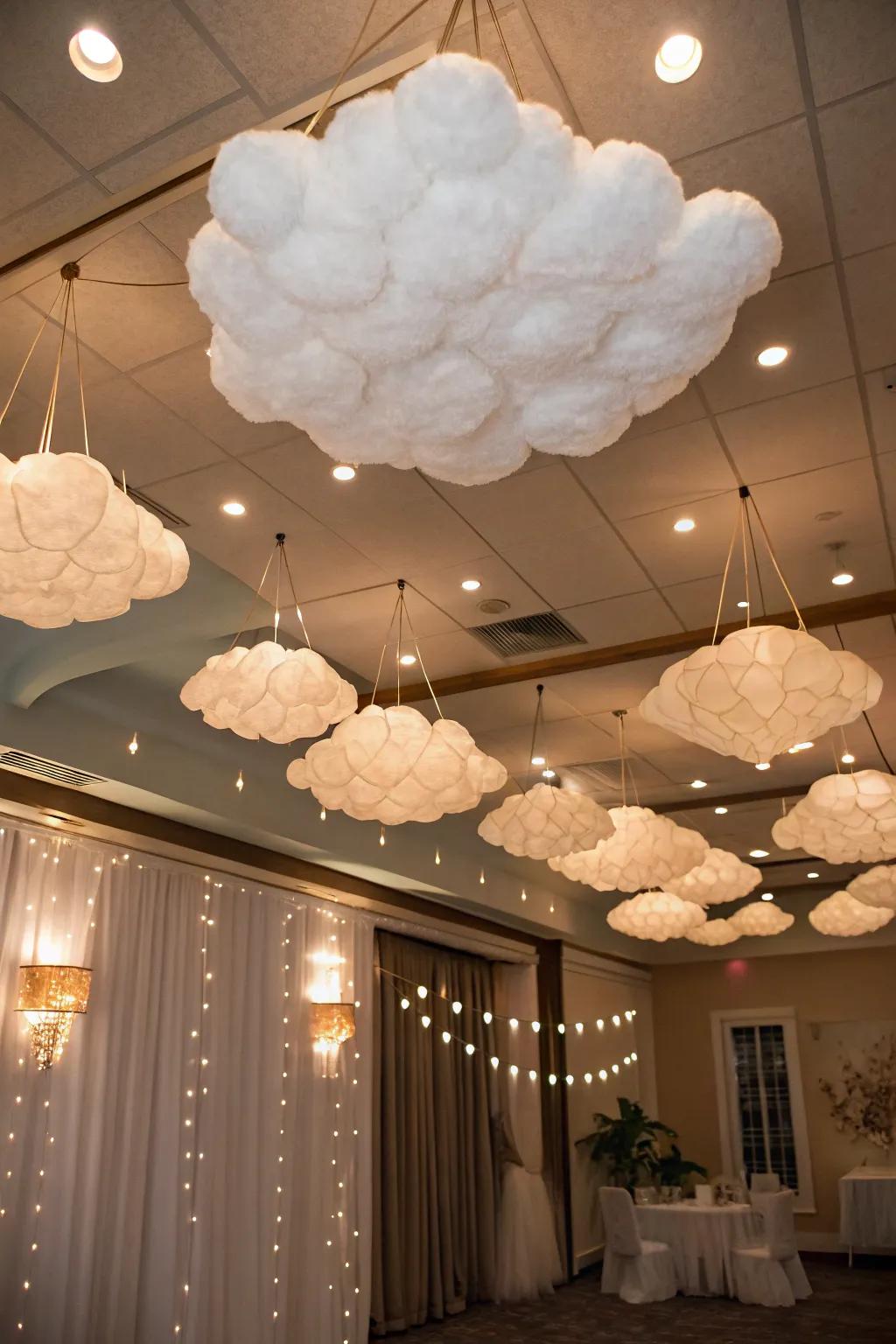A whimsical sky adorned with fluffy cloud decorations.