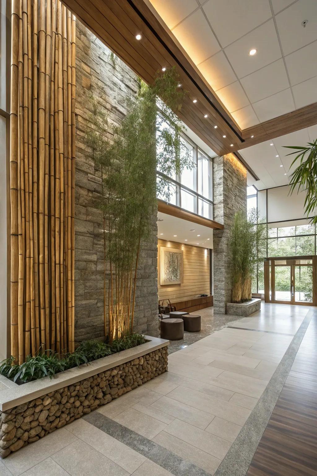 Natural bamboo and stone elements bringing warmth to the lobby.