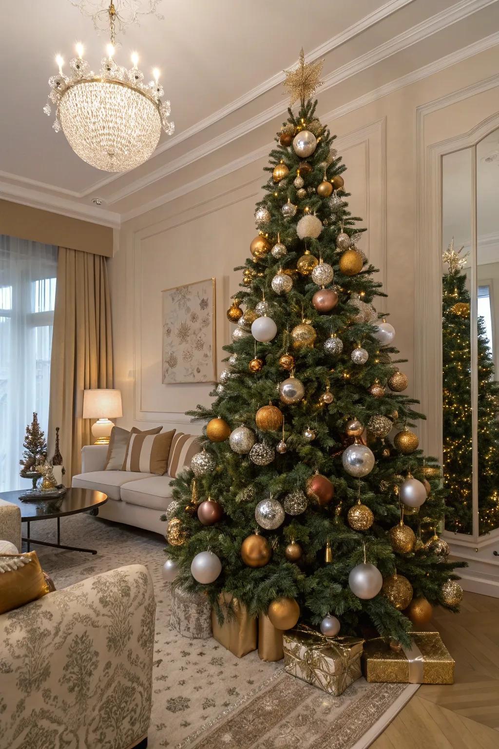 A glamorous metallic ball tree that dazzles with festive elegance.