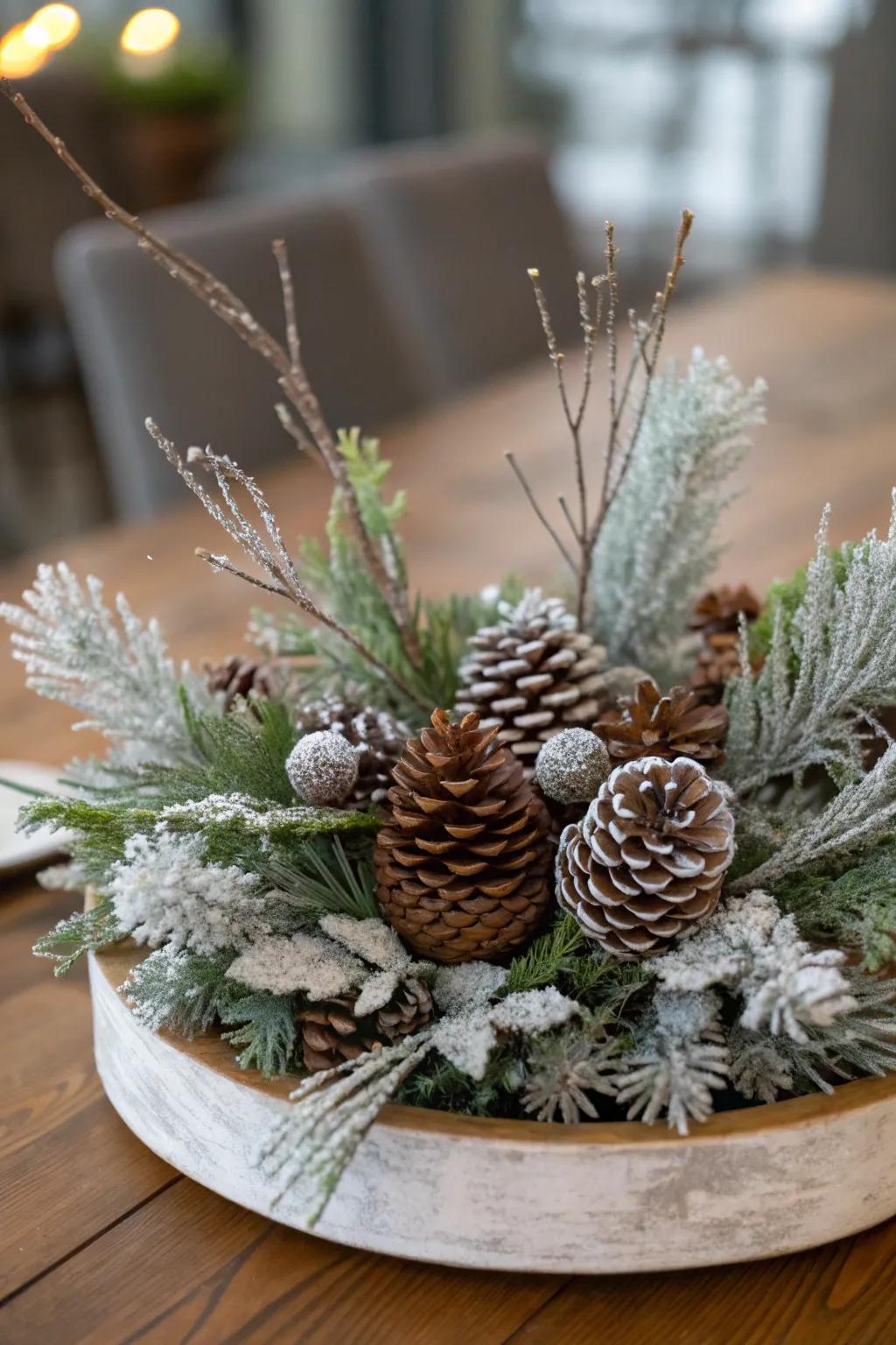 Fir cones and glazed branches conjure a winter fantasy.