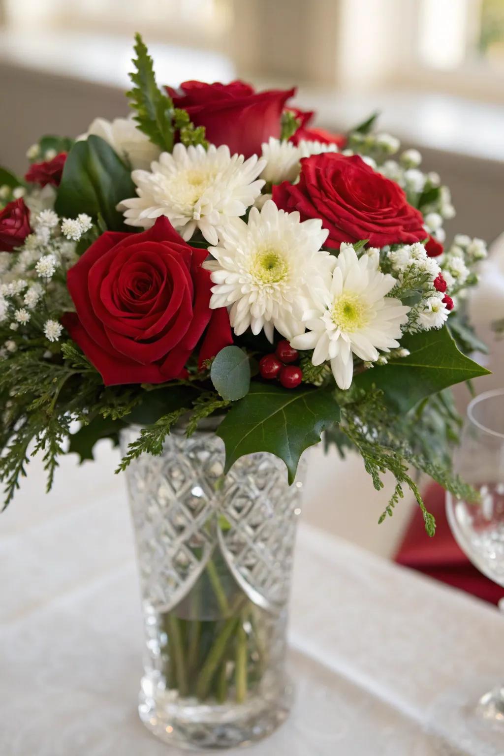 A timeless arrangement of 'scarlet, ivory, and emerald' flowers.