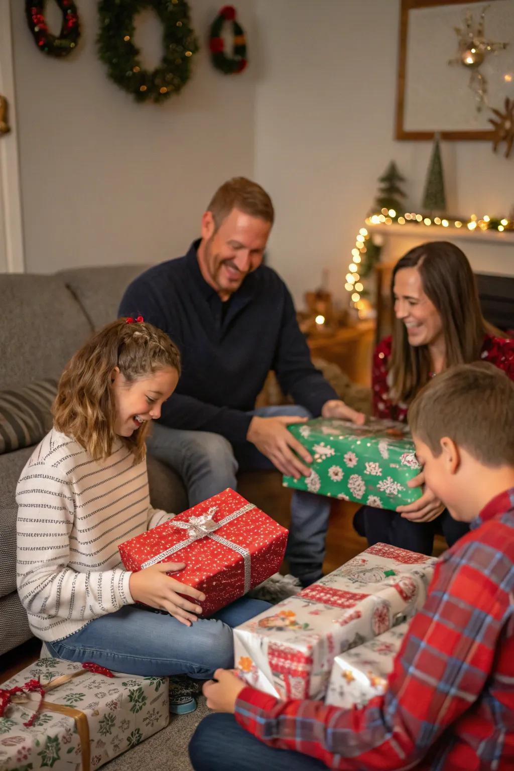 The happiness of giving gifts shown through beautifully wrapped presents and joyful expressions.