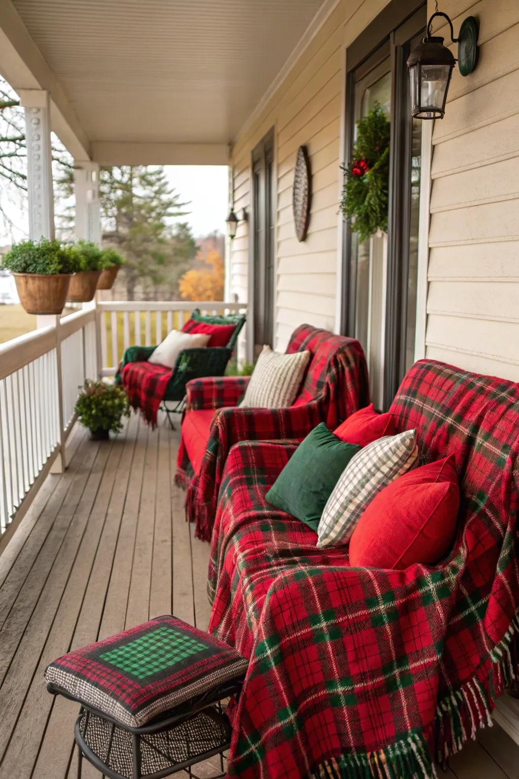 Comfortable fabrics add warmth and color to the porch seating.