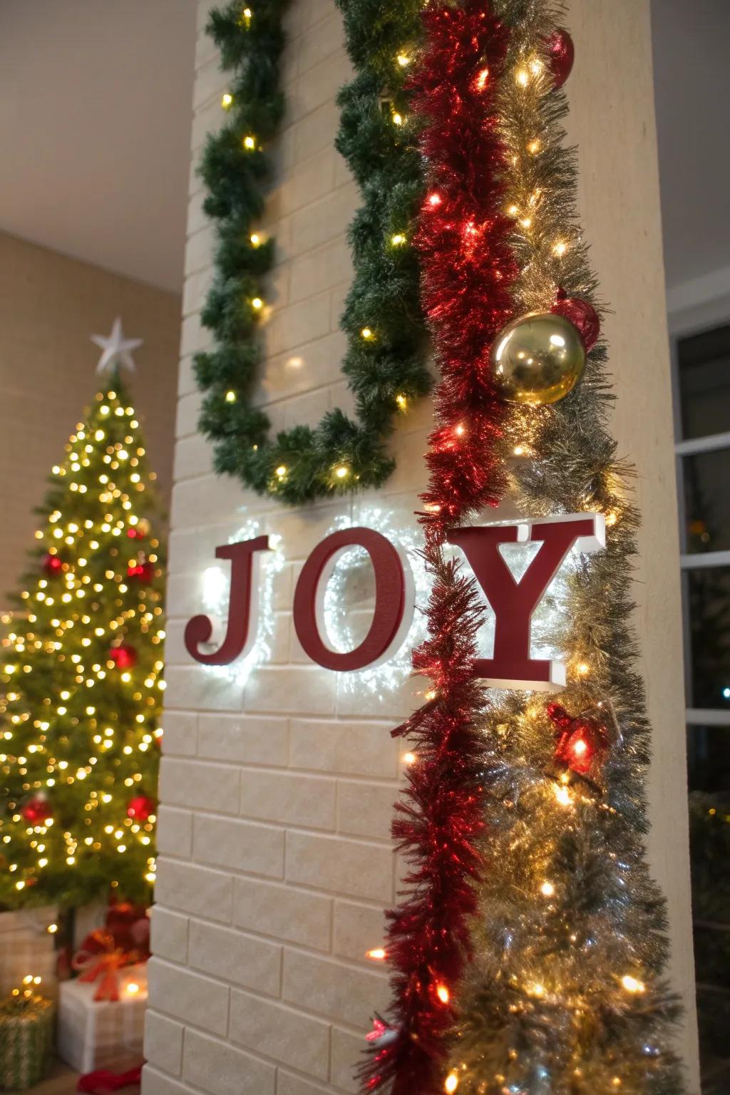 Sparkle strand wall art spells out 'JOY,' contributing a lively touch to holiday decor.