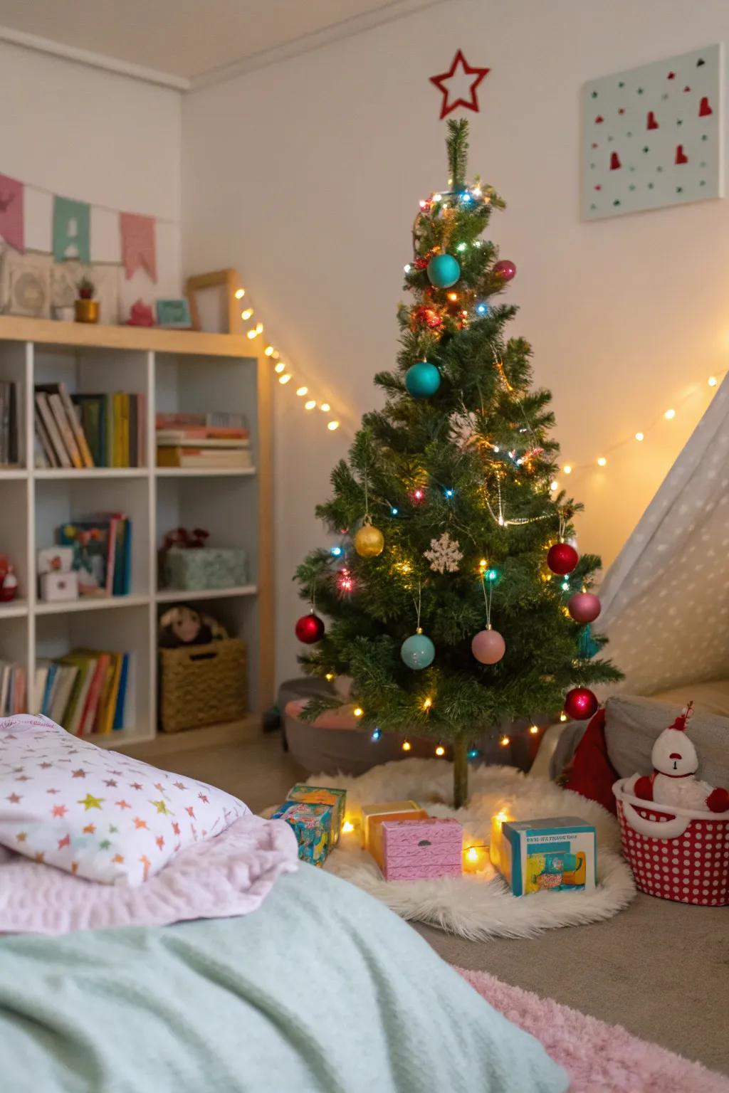 A small Christmas tree in a child's room.