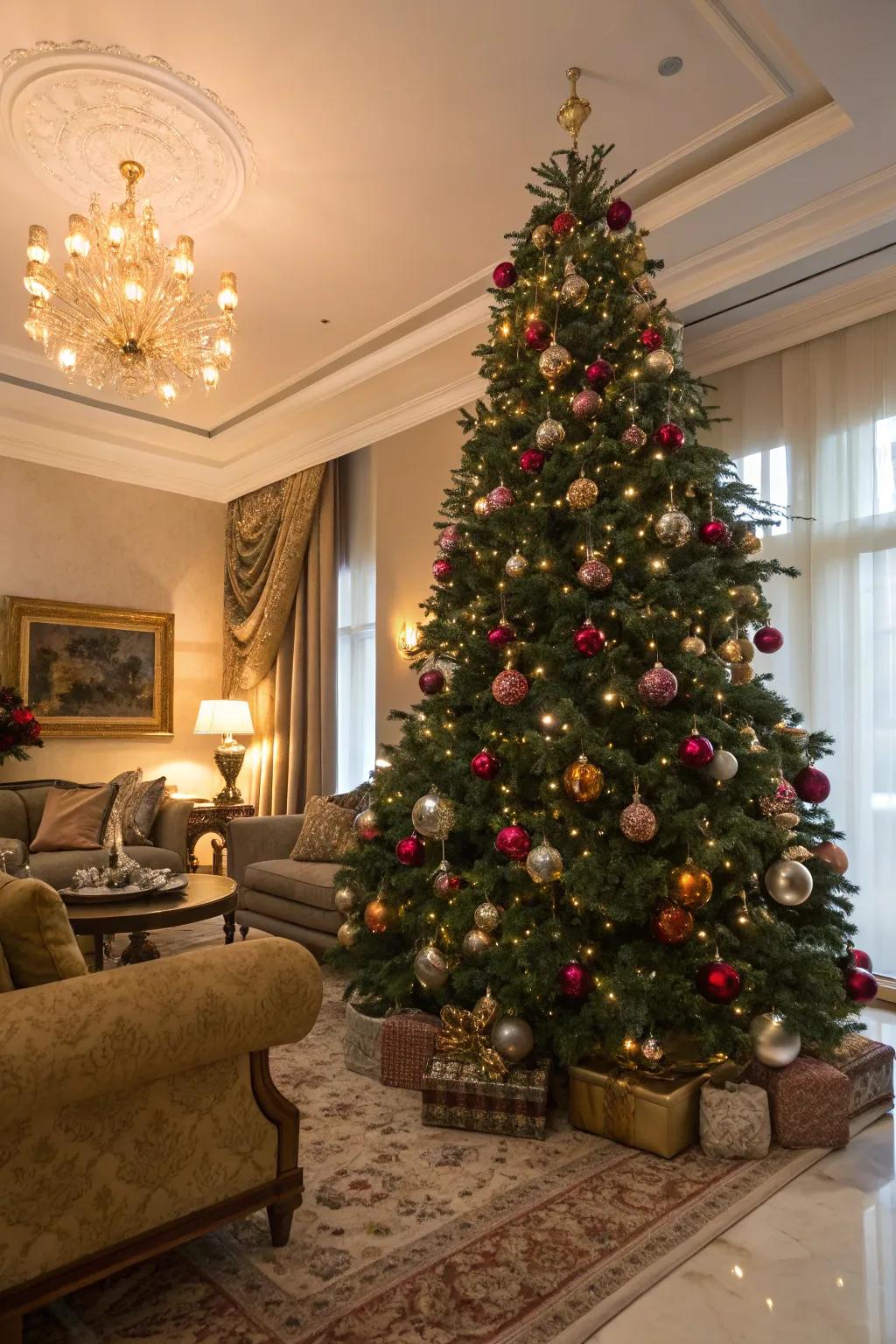 A luxurious Christmas tree showcasing reflective decors and vibrant lights, radiating sophistication and celebration spirit.