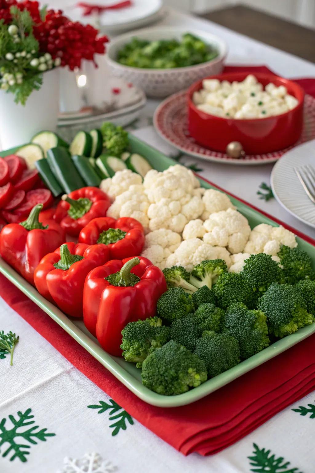 A festive veggie platter using classic festive colors.