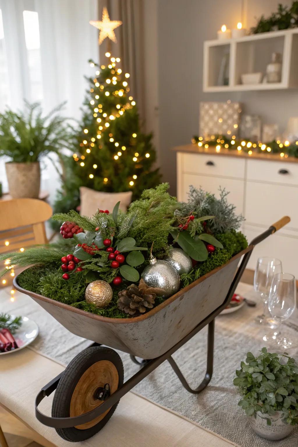 A charming wheelbarrow centerpiece bringing festive elegance to the table.