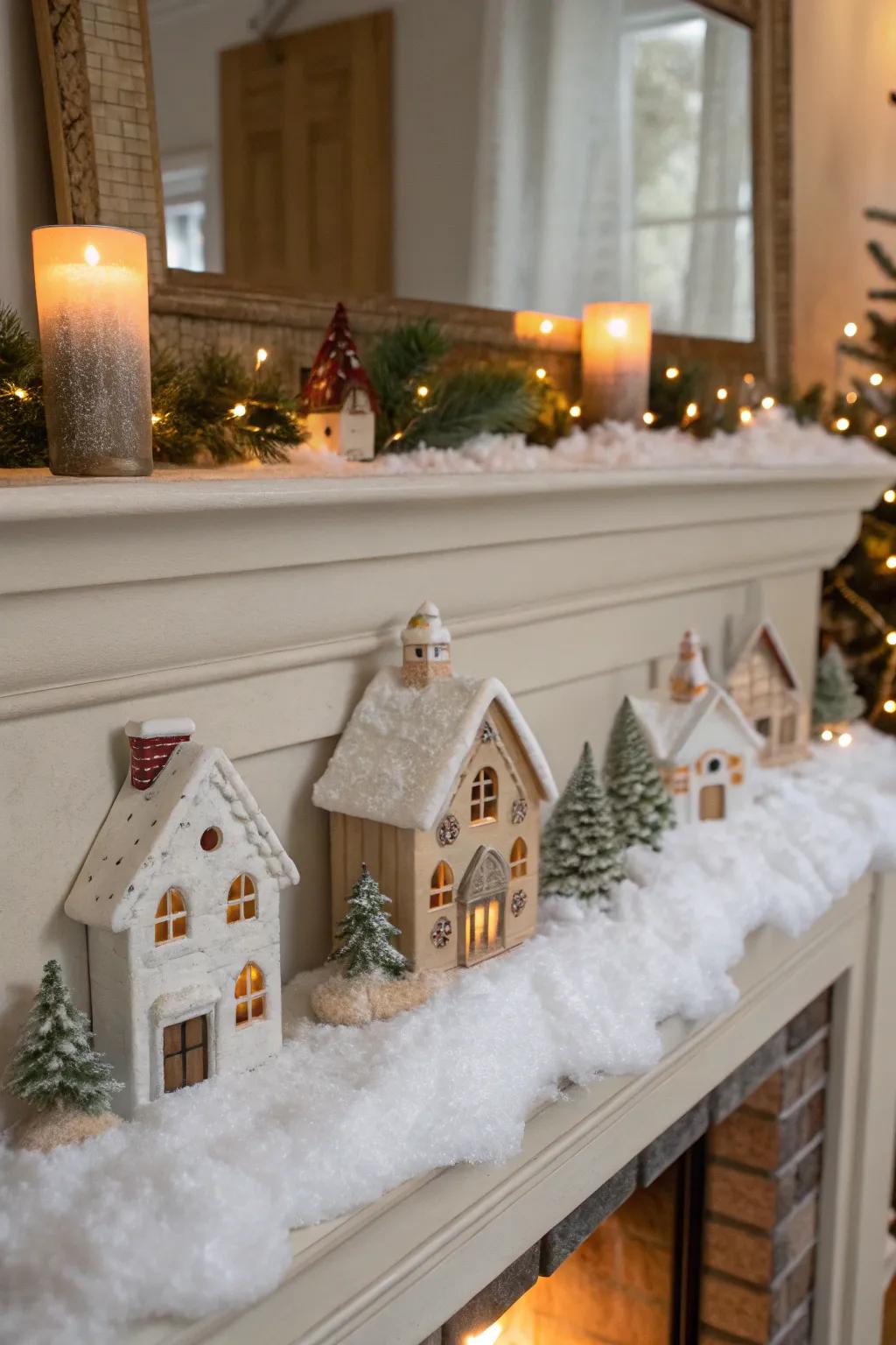 A snug snowy hamlet scene exhibited atop a fireplace mantle.
