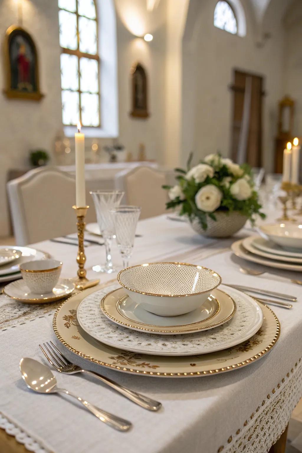 Layered tableware brings a refined atmosphere to church events.