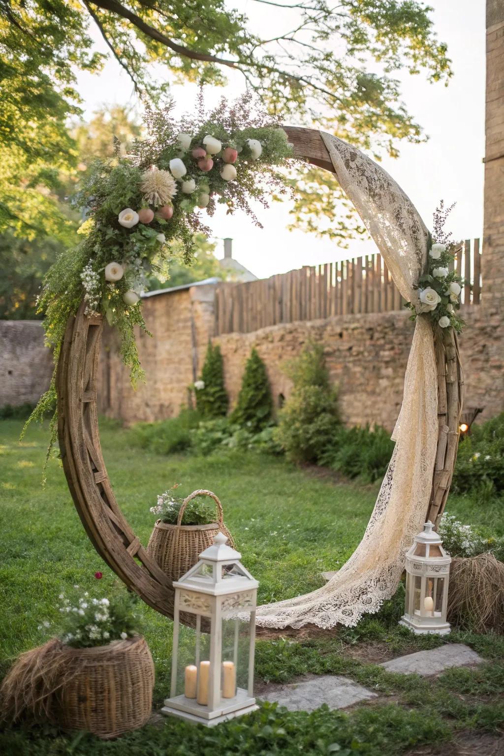 A rustic circle arch radiating vintage charm with burlap and lace.