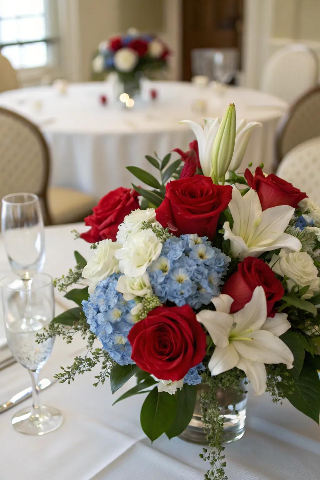 Elegant floral pieces enhance the celebratory atmosphere.