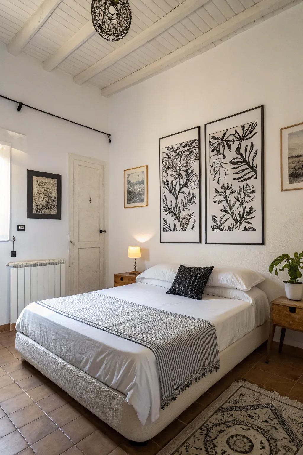 Understated art enhances the sleek lines of this bedroom.