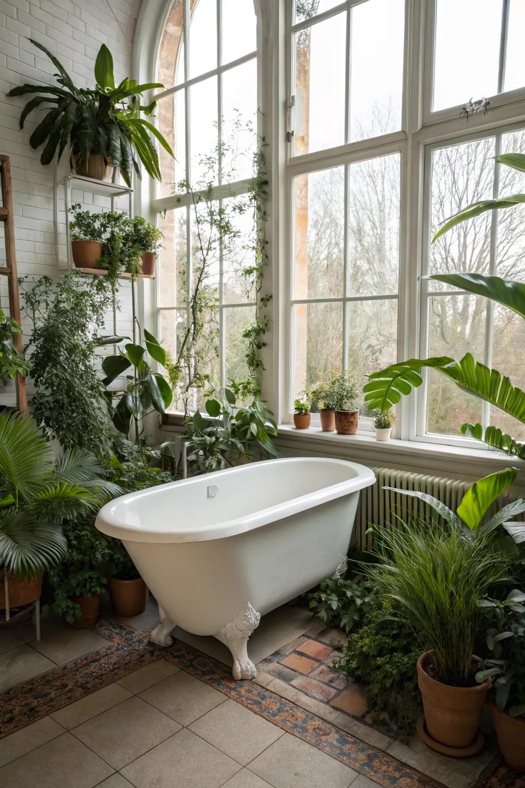 A washroom oasis where greenery and light enhance tranquility.