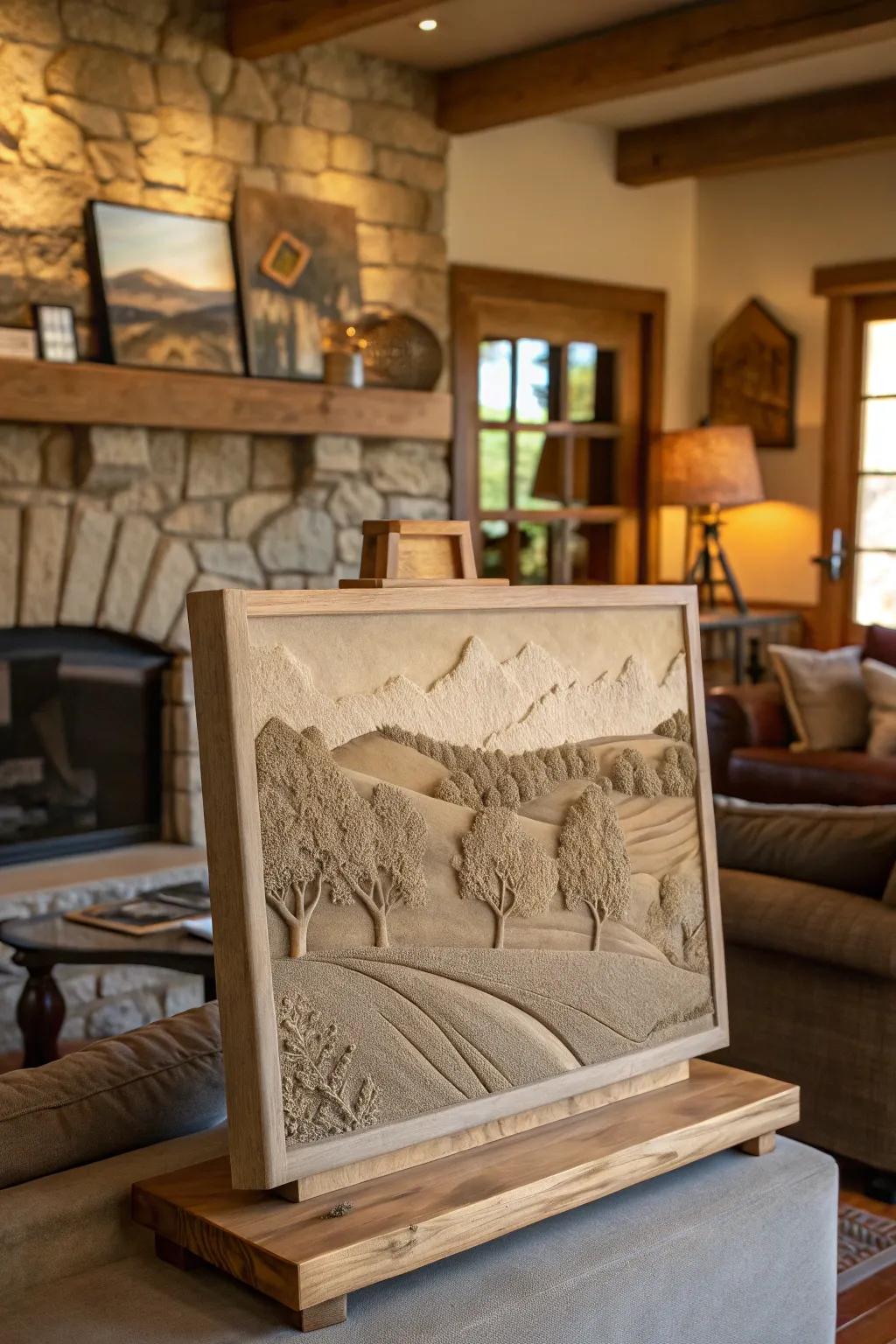 Textured landscape clay relief sculpture, offering a serene view of the countryside.