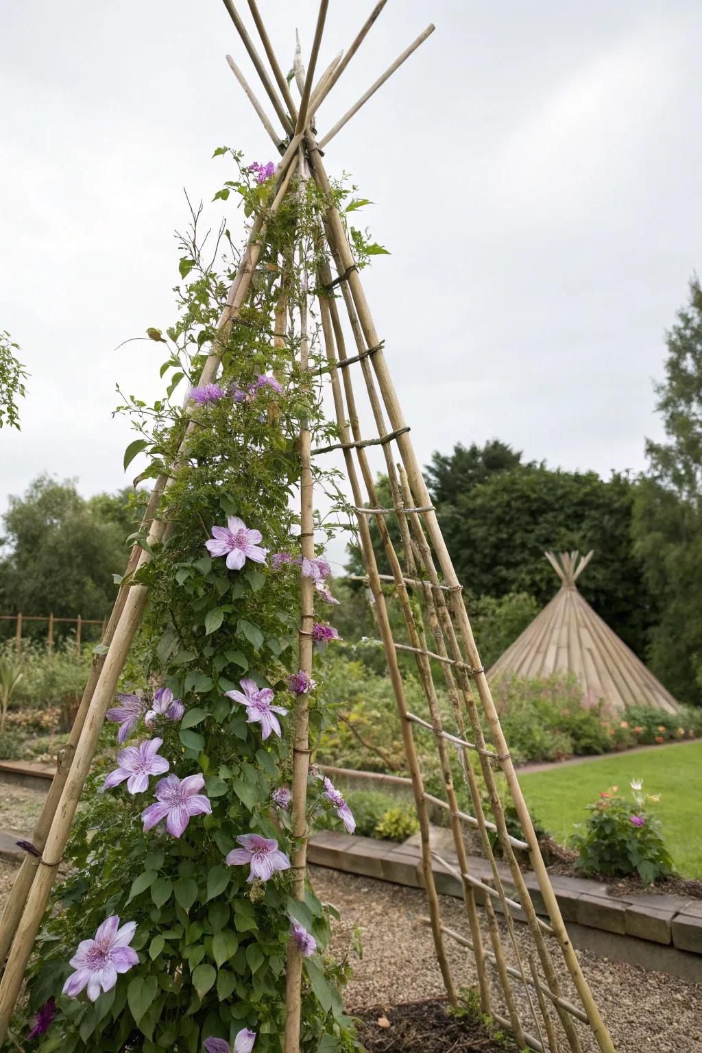 A minimalist bamboo frame provides structure for clematis to thrive.