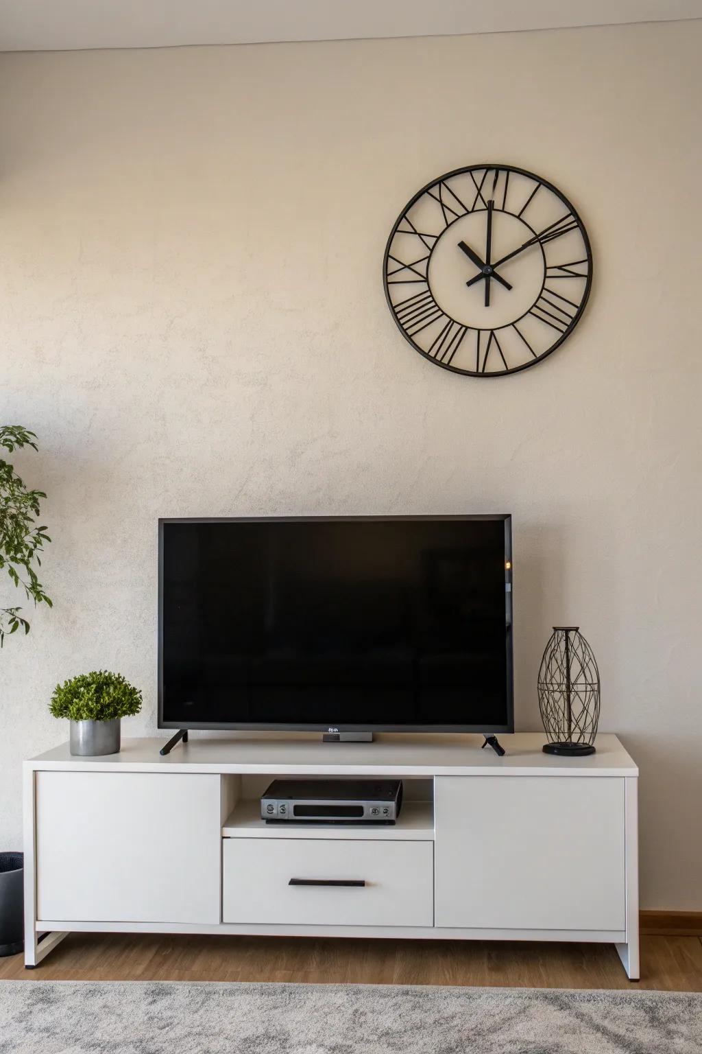 A minimalist clock adds elegance without overcrowding the space.